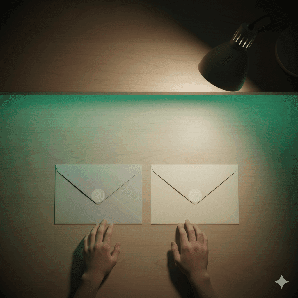 Two acceptance envelopes laid out on a wooden desk