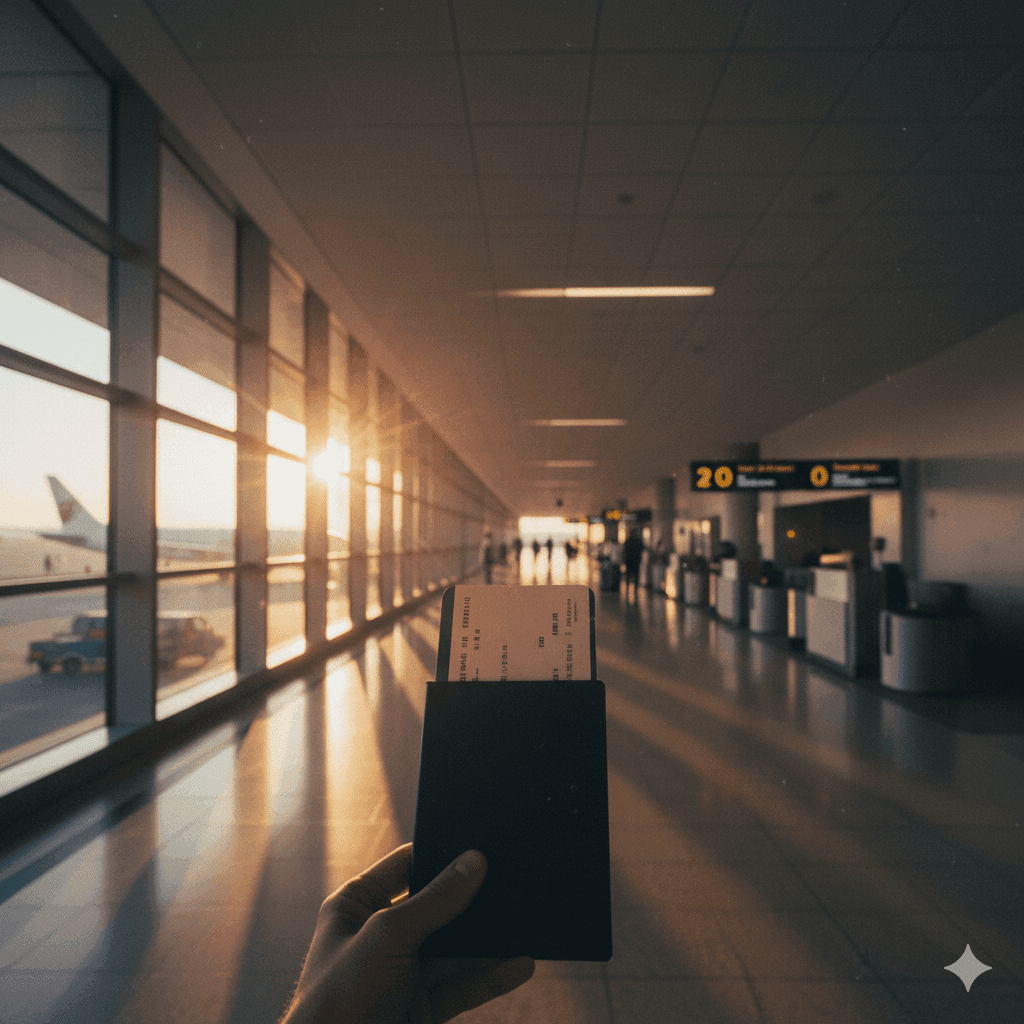 Holding a passport at the airport at sunset