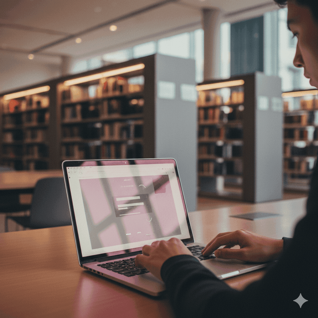Student researching universities on a laptop in a library