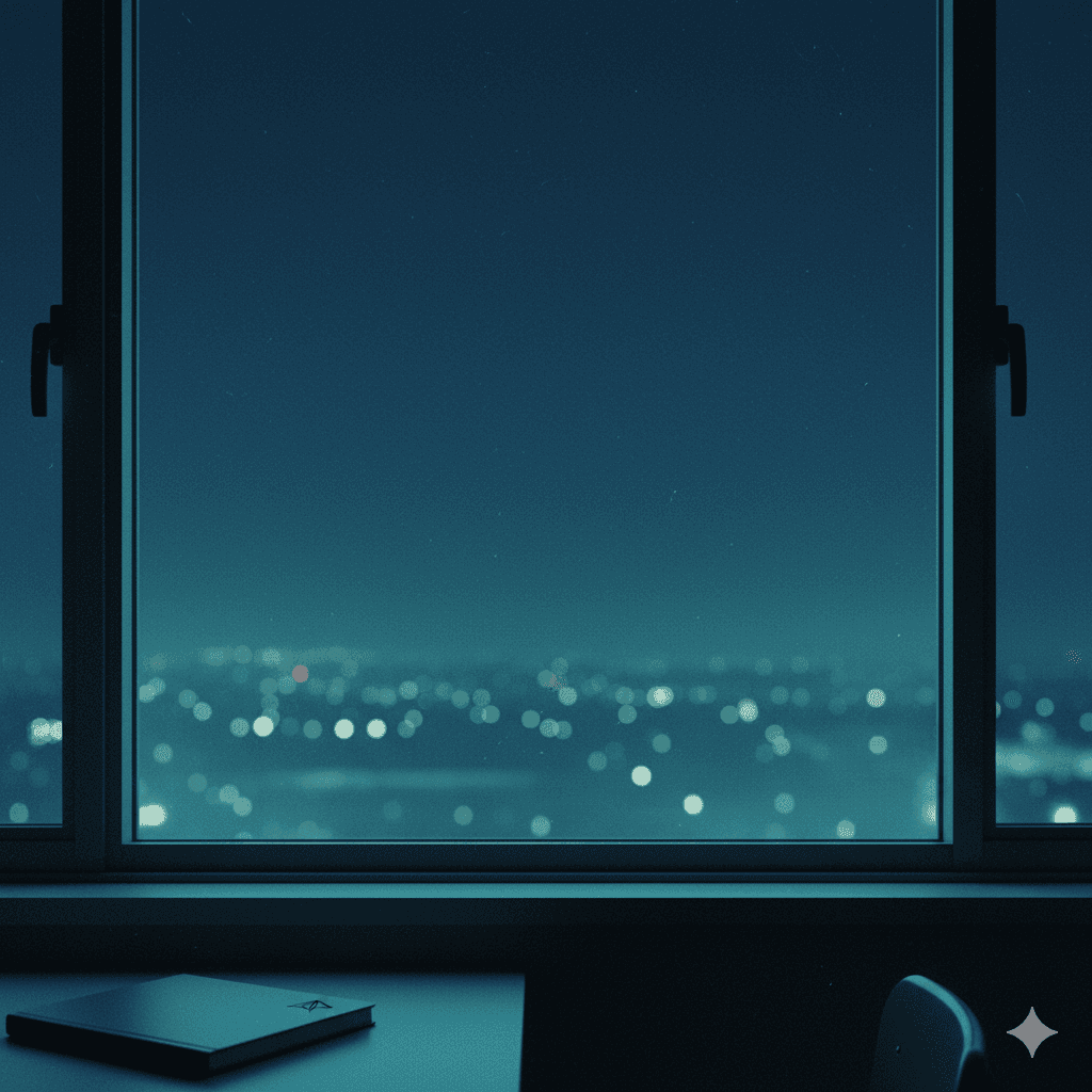 Looking out of a high-rise window onto a city skyline at night